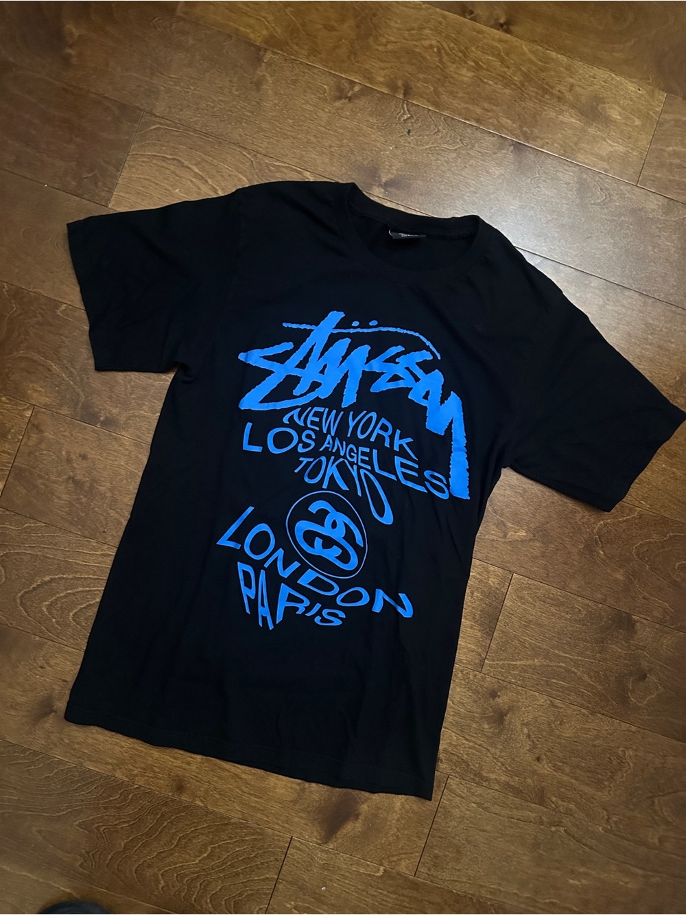 Stussy Black Tee with Bright Blue City Script